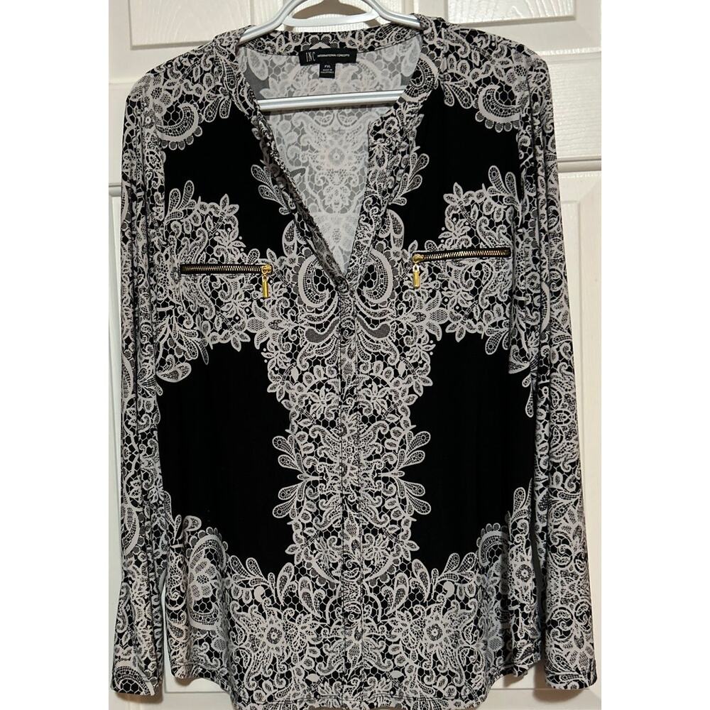 INC International Concepts Women's Black‎ White Lace Long Sleeve Blouse Size PXL